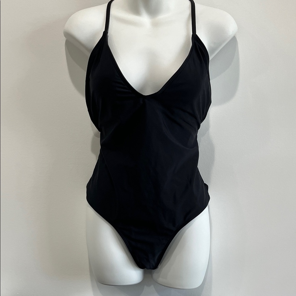 Black V-Neck One-Piece with Ruched Bottom Cheeky Butt, Washed-Never Worn Size LG